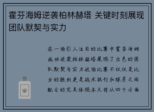 霍芬海姆逆袭柏林赫塔 关键时刻展现团队默契与实力