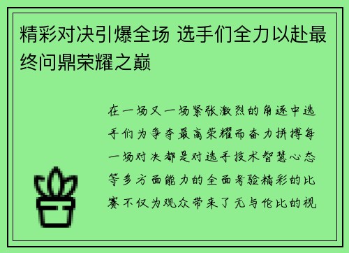 精彩对决引爆全场 选手们全力以赴最终问鼎荣耀之巅