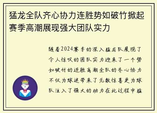 猛龙全队齐心协力连胜势如破竹掀起赛季高潮展现强大团队实力