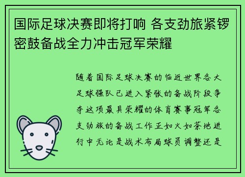 国际足球决赛即将打响 各支劲旅紧锣密鼓备战全力冲击冠军荣耀