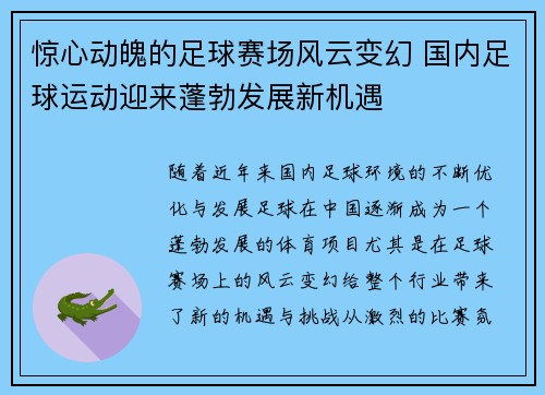 惊心动魄的足球赛场风云变幻 国内足球运动迎来蓬勃发展新机遇