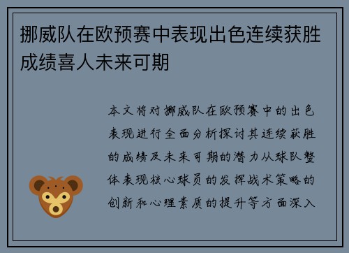 挪威队在欧预赛中表现出色连续获胜成绩喜人未来可期