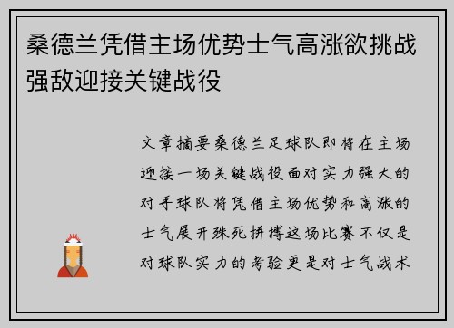 桑德兰凭借主场优势士气高涨欲挑战强敌迎接关键战役