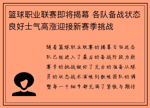 篮球职业联赛即将揭幕 各队备战状态良好士气高涨迎接新赛季挑战