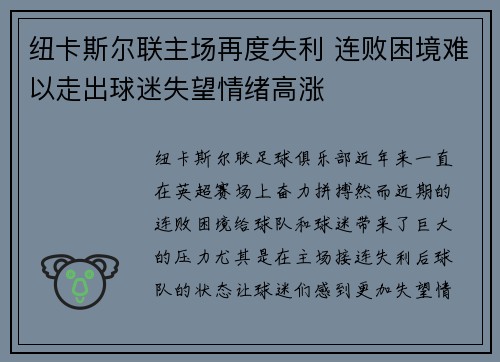 纽卡斯尔联主场再度失利 连败困境难以走出球迷失望情绪高涨