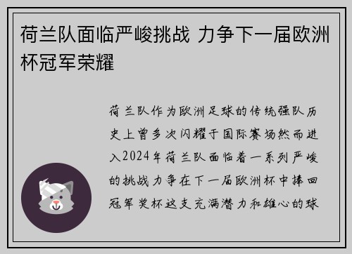 荷兰队面临严峻挑战 力争下一届欧洲杯冠军荣耀