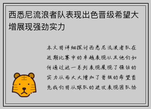 西悉尼流浪者队表现出色晋级希望大增展现强劲实力