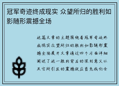 冠军奇迹终成现实 众望所归的胜利如影随形震撼全场