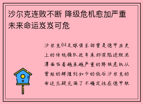 沙尔克连败不断 降级危机愈加严重 未来命运岌岌可危