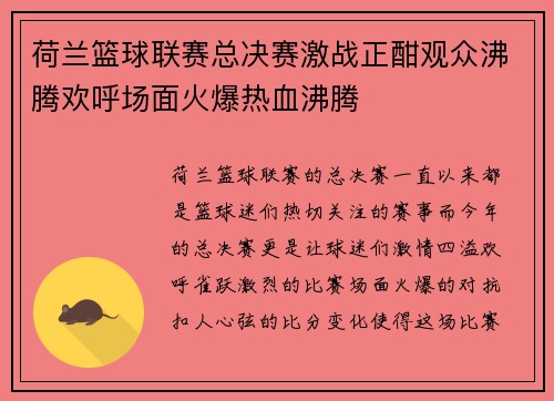 荷兰篮球联赛总决赛激战正酣观众沸腾欢呼场面火爆热血沸腾