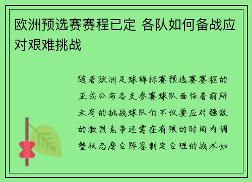 欧洲预选赛赛程已定 各队如何备战应对艰难挑战